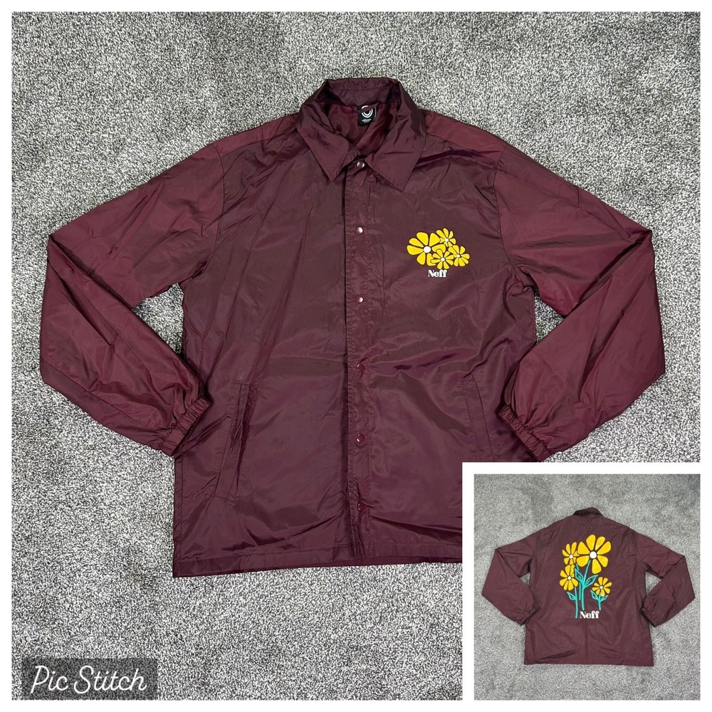 Neff Snap Button Up Burgundy Nylon Jacket Yellow Floral Print Womens Medium